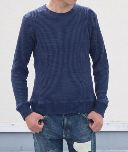 画像: Upscape Audience オーディエンス - BIGワッフルクルーネック長袖ニットソー【MADE IN JAPAN】Navy